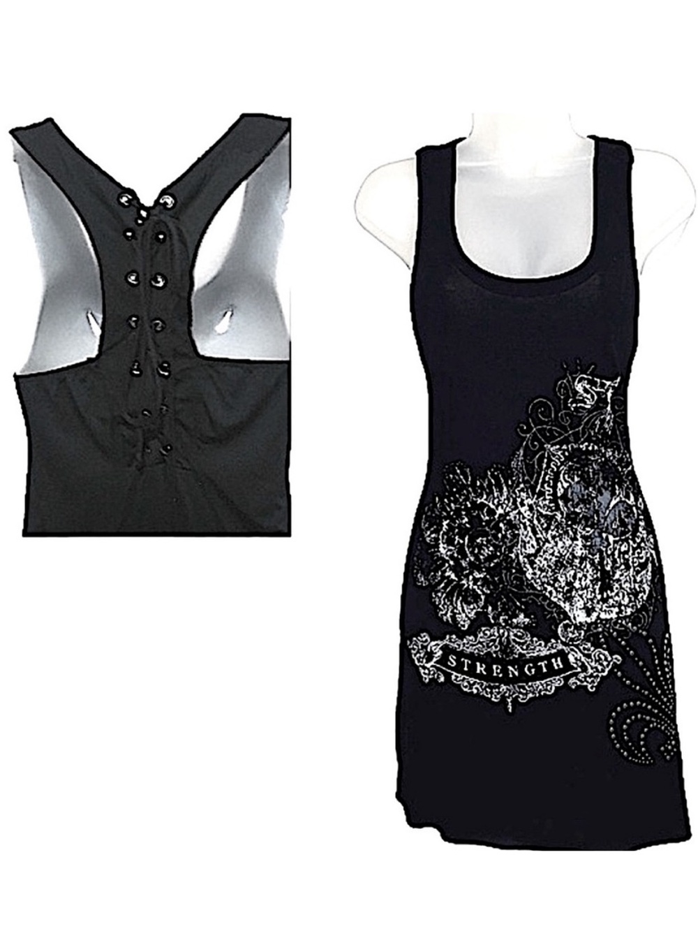 Y2K S-Twelve Beaded Beaded Tattoo Style Lace Up Back Mini Dress Black Gray M